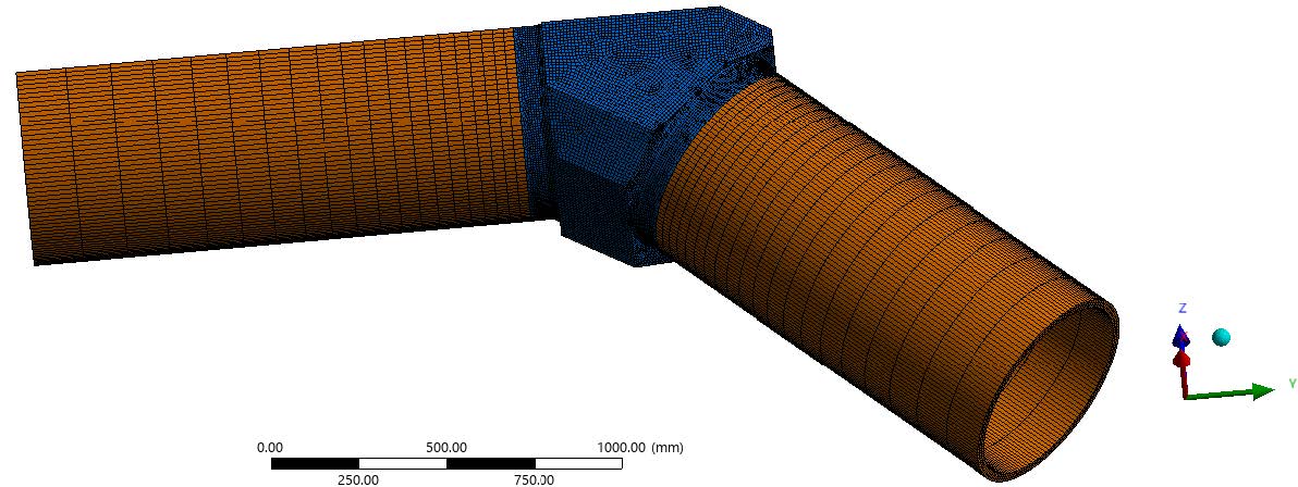 Finite element mesh of a mitered pipe junction assembly shown in isometric view