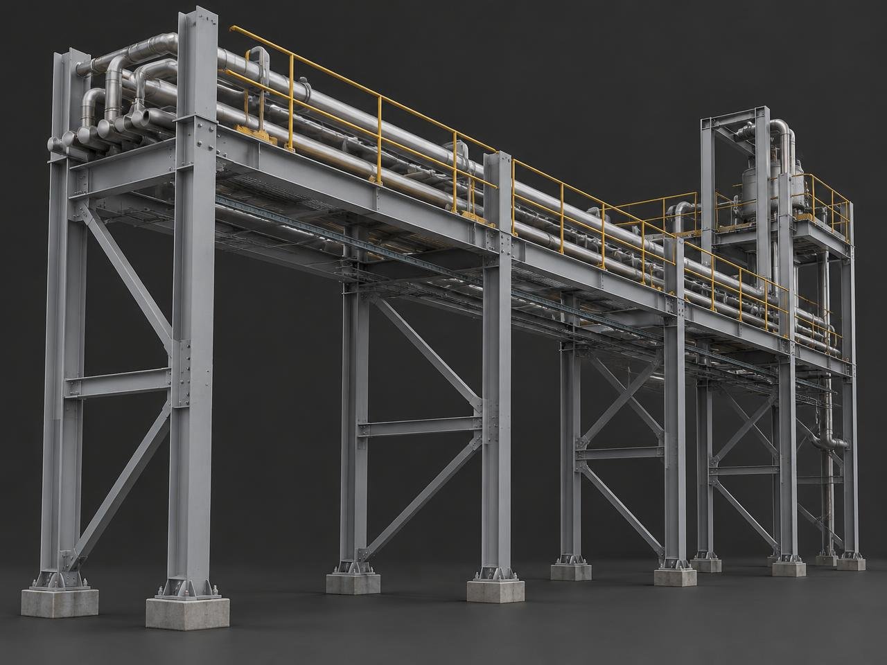 3D render of a steel pipe rack and equipment support structure for a process plant