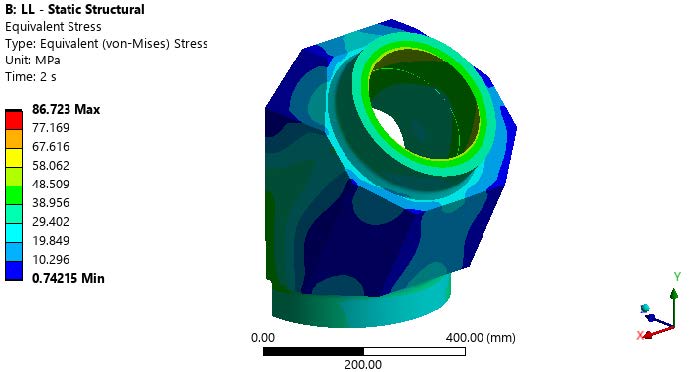 Von Mises equivalent stress contour plot of a pipe junction in isometric view