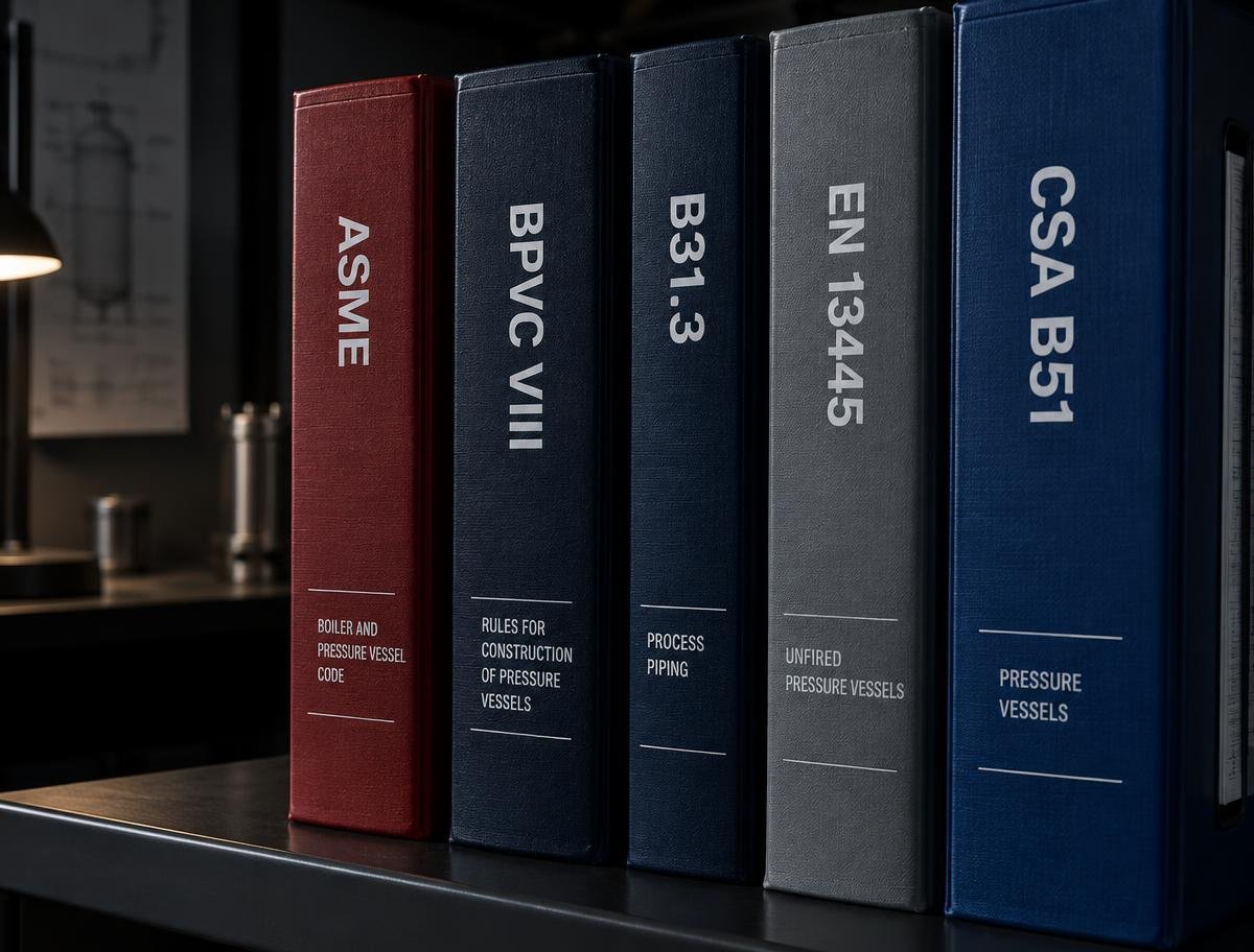 Row of engineering code volumes for ASME, EN and CSA pressure equipment standards on a dark shelf