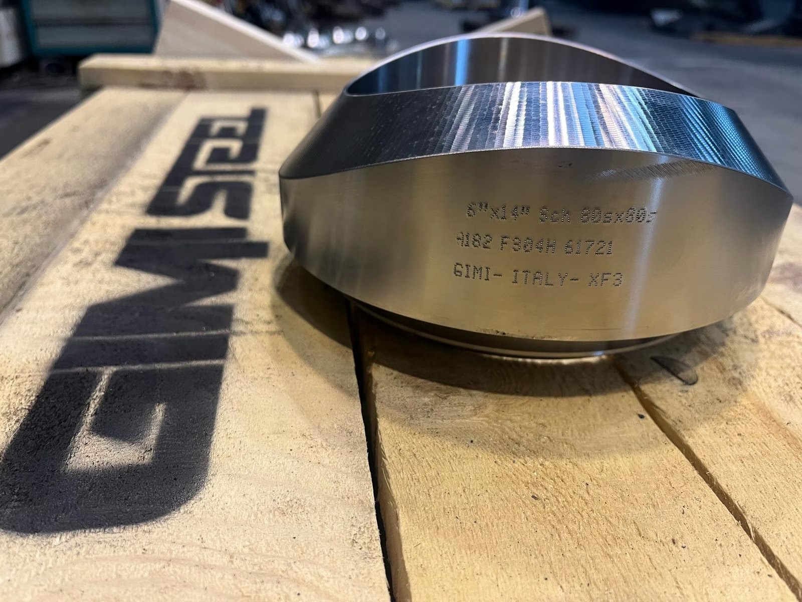 Machined forged olet on a GIMI STEEL crate