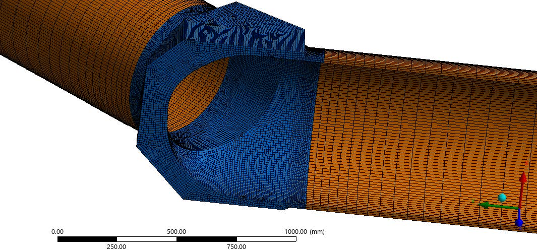 Cutaway section through a mitered pipe junction showing the internal finite element mesh